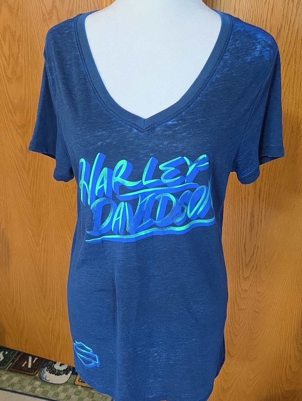 #11 Harley-Davidson Navy V-Neck Tee with Blue & Teal Script